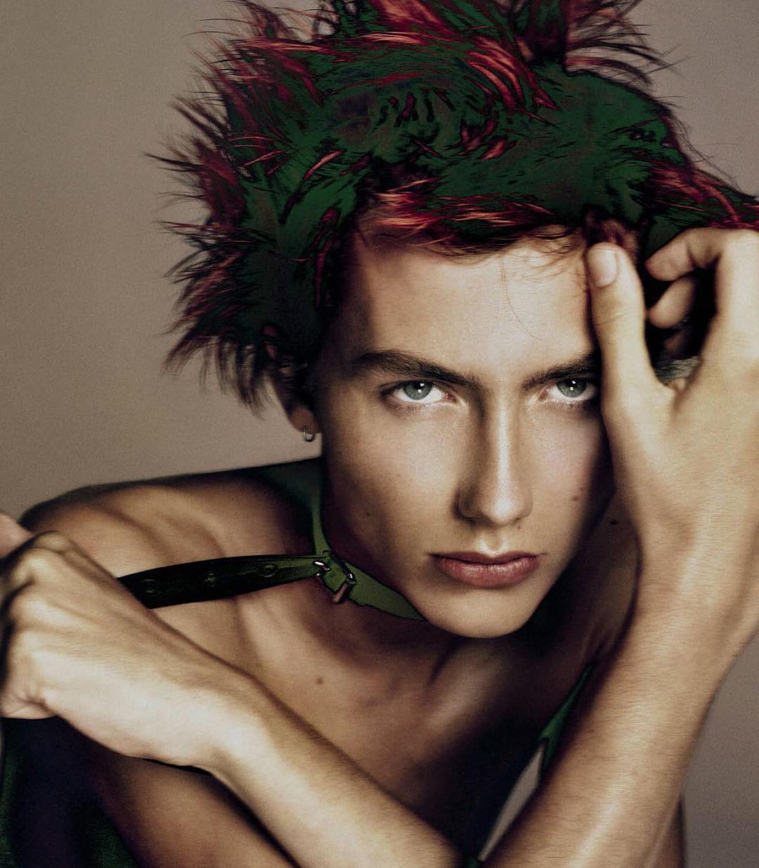 A red headed Paul Hameline (@paulhameline) for Vogue Italia. Photography by Steven Meisel and styling by Karl Templer. Hair by Guido Palau and make-up by Pat McGrath.