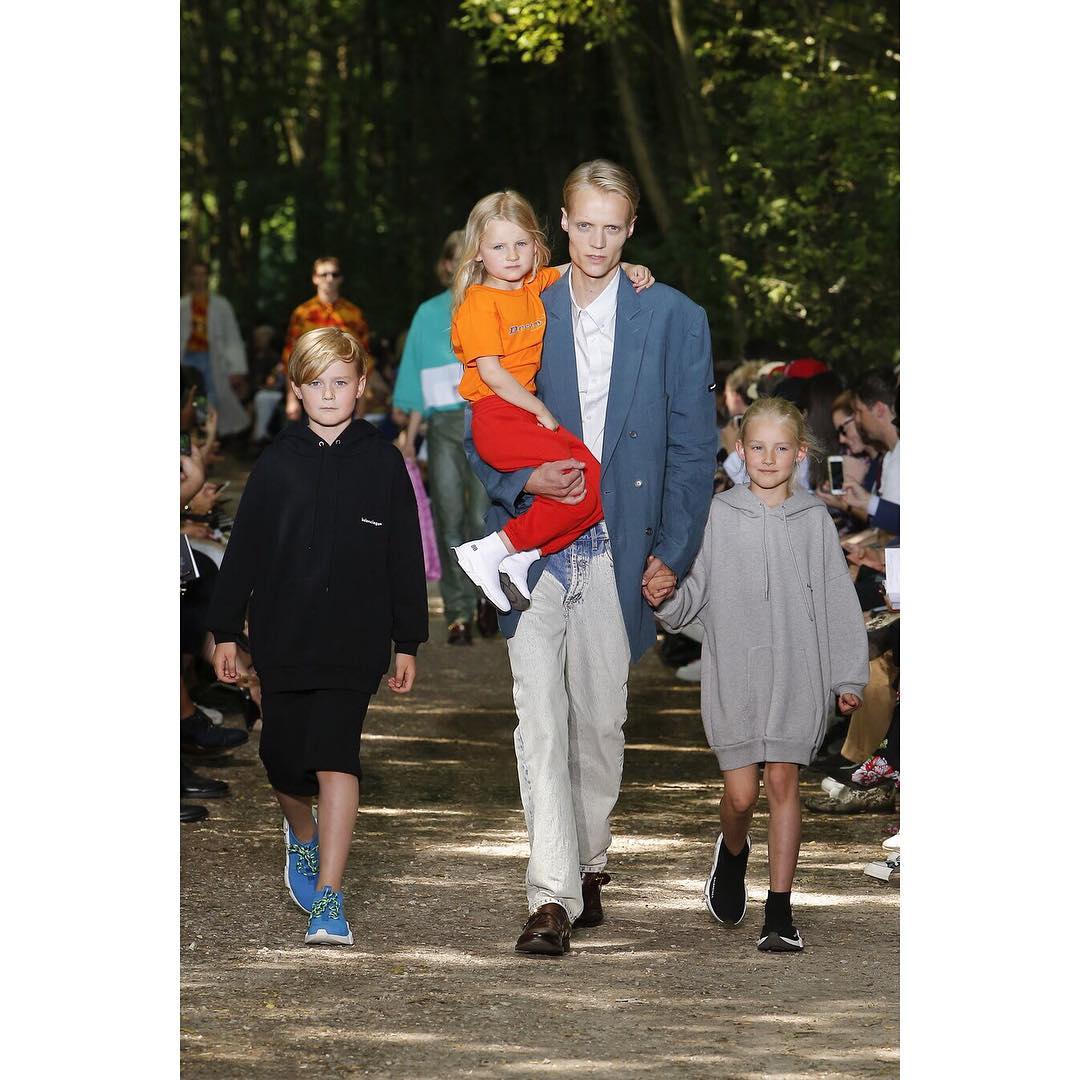 Christoffer F, his son Sevrin and his daughters Lucy and Alma for Balenciaga SS18. Styling by Lotta Volkova, hair by Gary Gill and make-up by Inge Grognard.