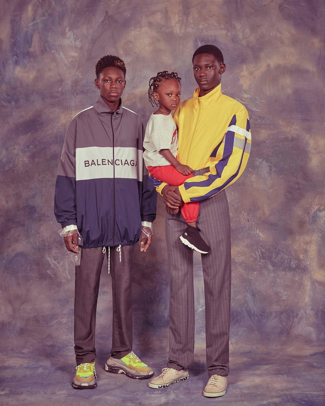 Diacaria (@diacaria_k, his brother Souaibou and his sister Thilo for Balenciaga's Spring/Summer 2018 campaign. Photography by Robbie Augspurger and styling by Lotta Volkova. Hair by Gary Gill and make-up by Inge Grognard.