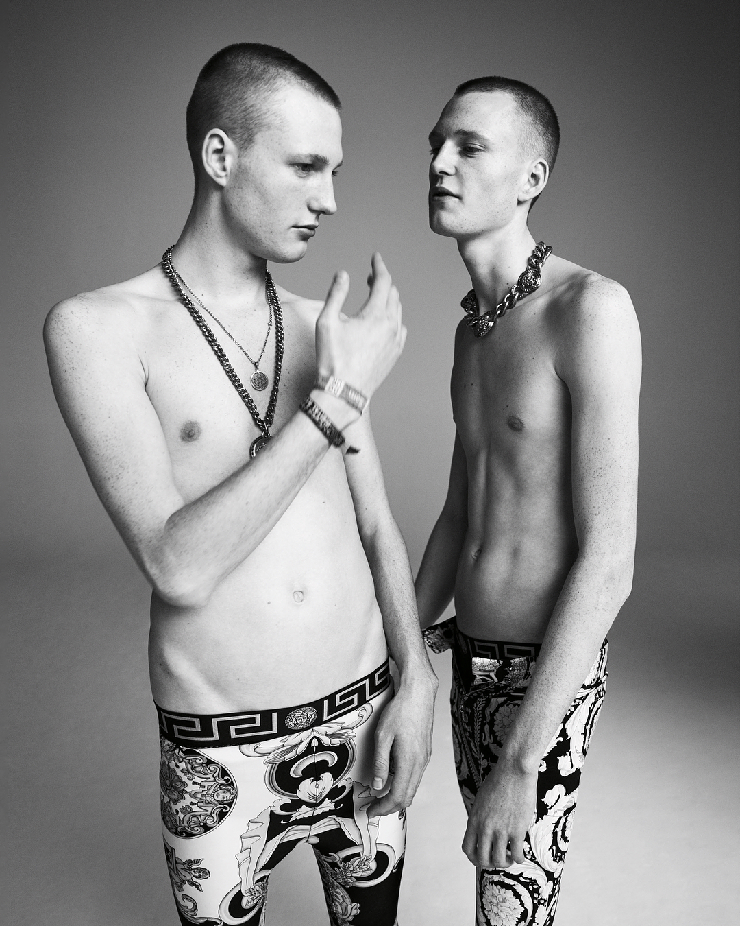 Christopher R (@chris.roziez) and Philipp R (@phil.roziez) in a @versace_official special for AnOther Magazine. Photography by Willy Vanderperre and styling by Katy England. Hair by Eugene Soleiman and make-up by Lucia Pieroni. Thank you @jesshallettcast!