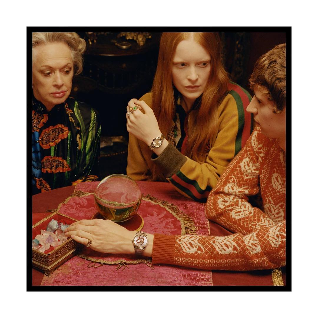 Tom A (@tomattonmoore) for Gucci's Timepieces and Jewelry 2018 campaign. Photography by Colin Dodgson and styling by Jonathan Kaye. Hair by Alex Brownsell and make-up by Niamh Quinn. Art direction by Christopher Simmonds.