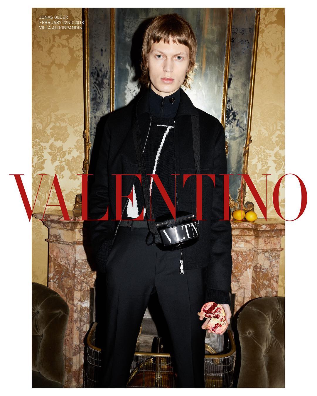 Jonas G (@jonasgloeer) for Valentino's AW18 campaign. Photography by Juergen Teller and styling by Joe McKenna. Hair by Damien Boissinot and make-up by Dick Page.