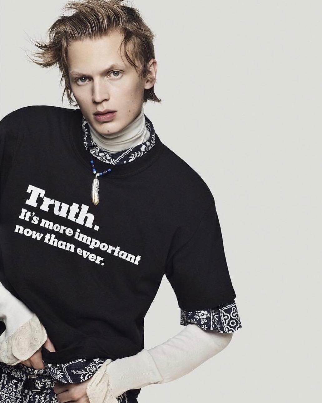 Jonas G (@jonasgloeer) for Sacai's AW18 campaign. Photography by Craig McDean and styling by Karl Templer. Hair by Guido Palau and make-up by Diane Kendal. Casting by Michelle Lee.