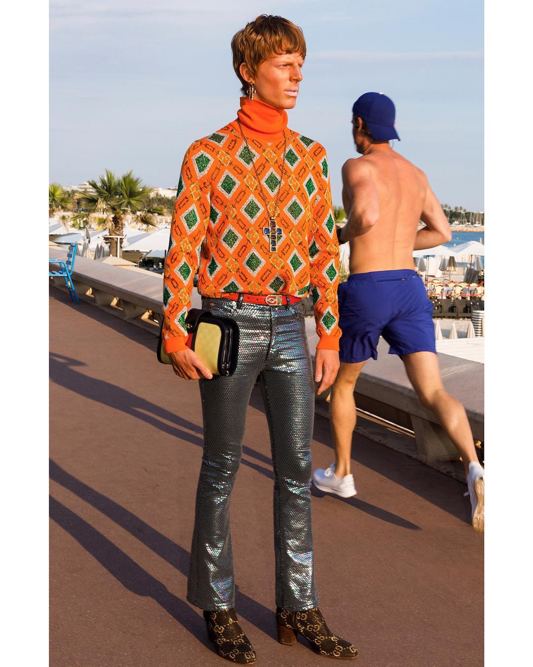 Leon R (@leochrom) for Gucci Cruise 2019 by Alessandro Michele. Photography by Martin Parr and styling by Jonathan Kaye. Hair by Alex Brownsell and make-up by Niamh Quinn.