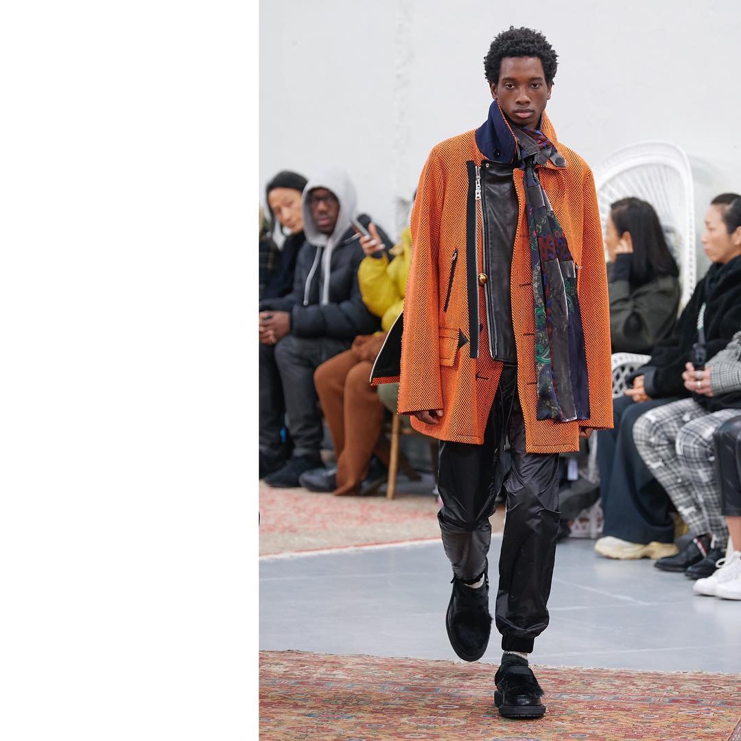 Benoit (@bryann_williams) for Sacai AW19. Styling by Karl Templer, hair by Guido Palau, makeup by Diane Kendal and casting by Michelle Lee.