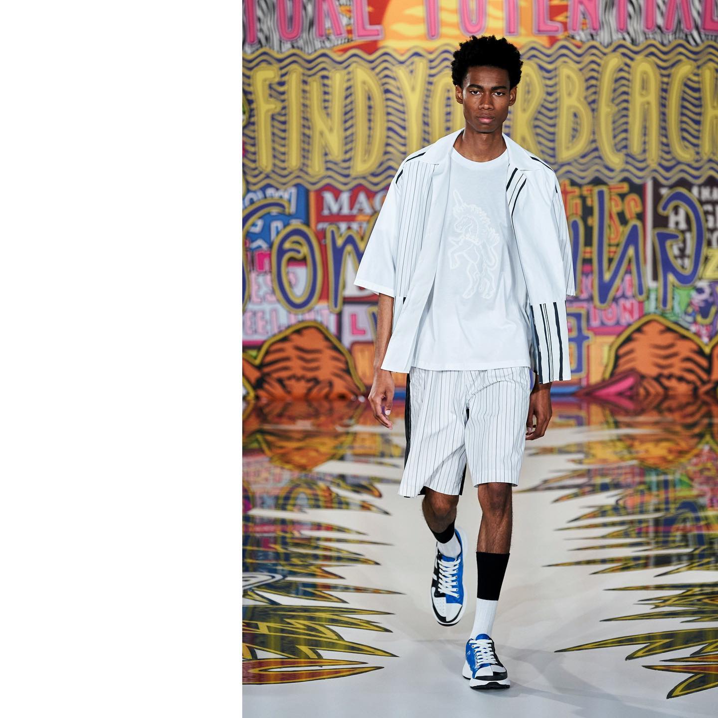 Keiron (@kcaynes) for Neil Barrett SS20. Styling by Katy England, hair by Gary Gill, makeup by Michiko Ikeda and casting by Noah Shelley.
