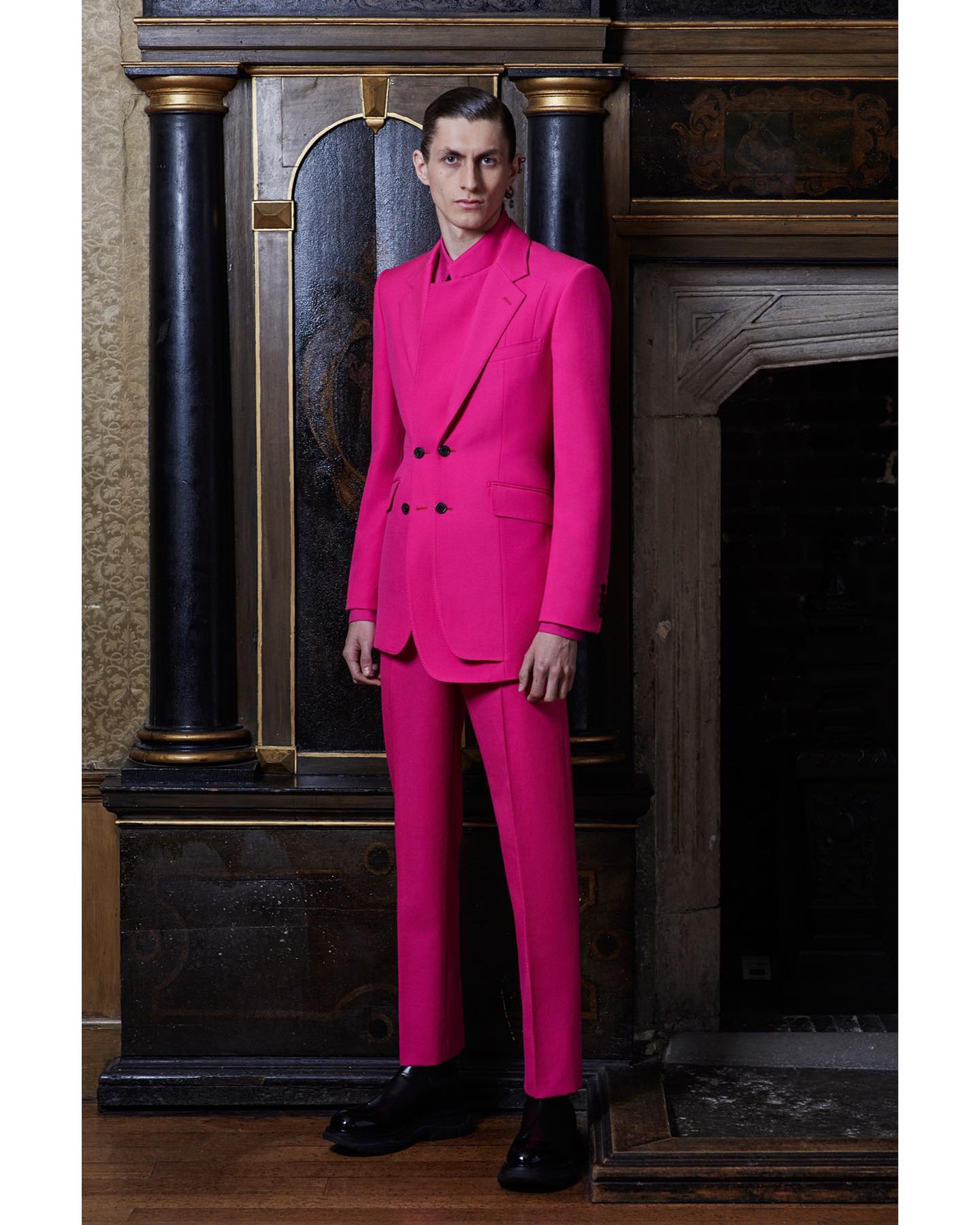Henry (@henrykitcher) for Alexander McQueen SS20. Photography by Ethan James Green, styling by Alister Mackie, hair by Anthony Turner, makeup by Miranda Joyce and casting by Jess Hallett.