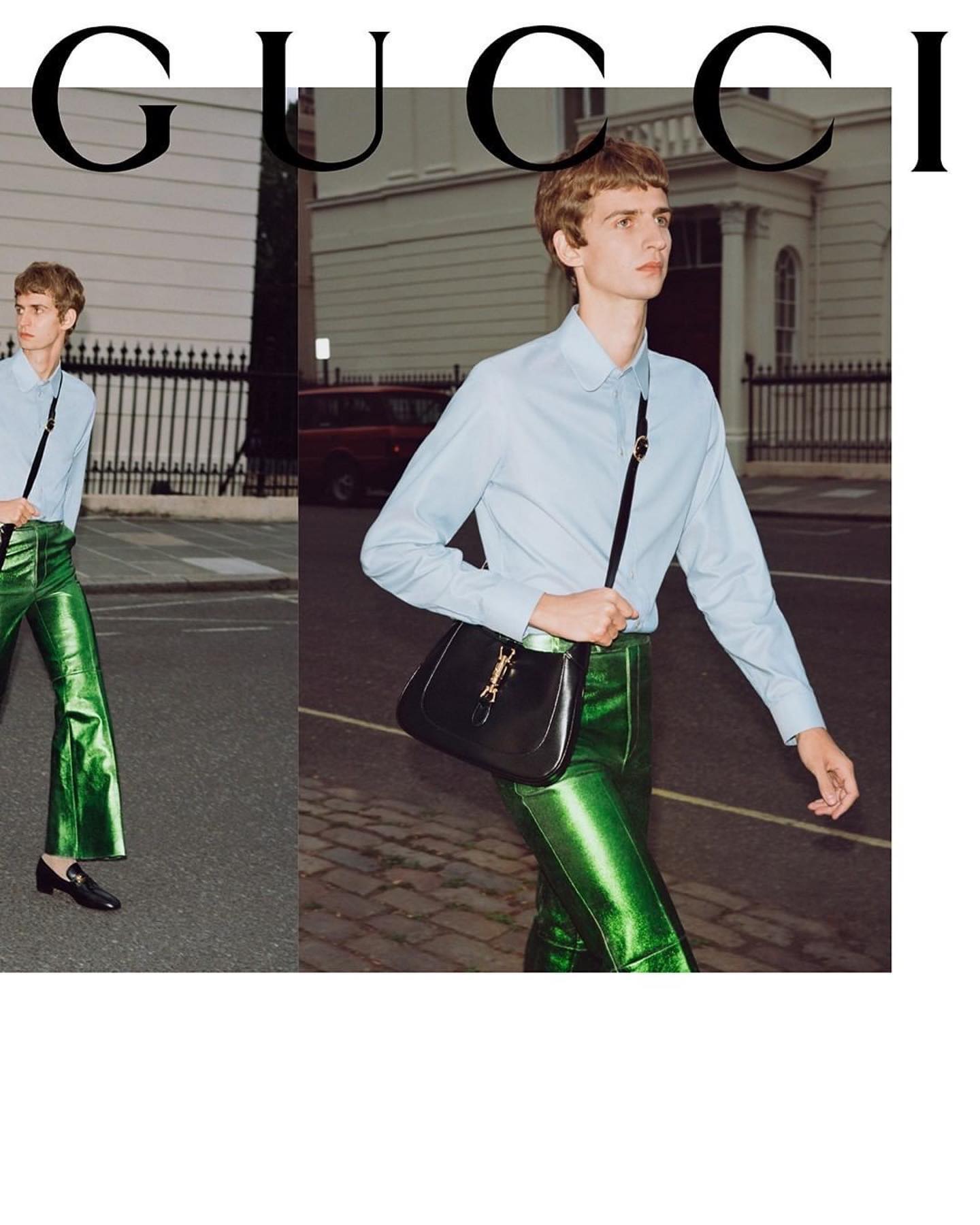 Tom A (@tomattonmoore) for Gucci's Jackie 1961 Autumn/Winter 2020 campaign. Art direction by Christopher Simmonds, photography by Angelo Pennetta, styling by Jonathan Kaye, hair by Cyndia Harvey, makeup by Thomas de Kluyver and casting by Marianna Rizzi.