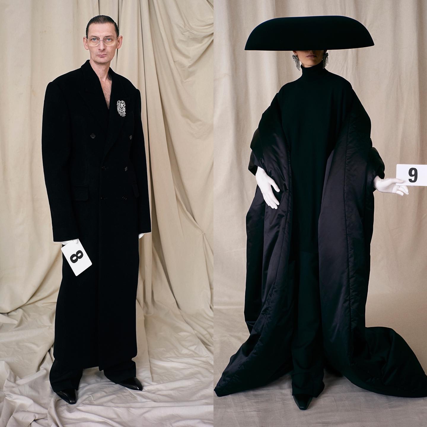 Steve M and Yuri for Balenciaga Couture Fall21 by Demna Gvasalia. Photography by Mark Borthwick, hair by Holli Smith, makeup by Inge Grognard.