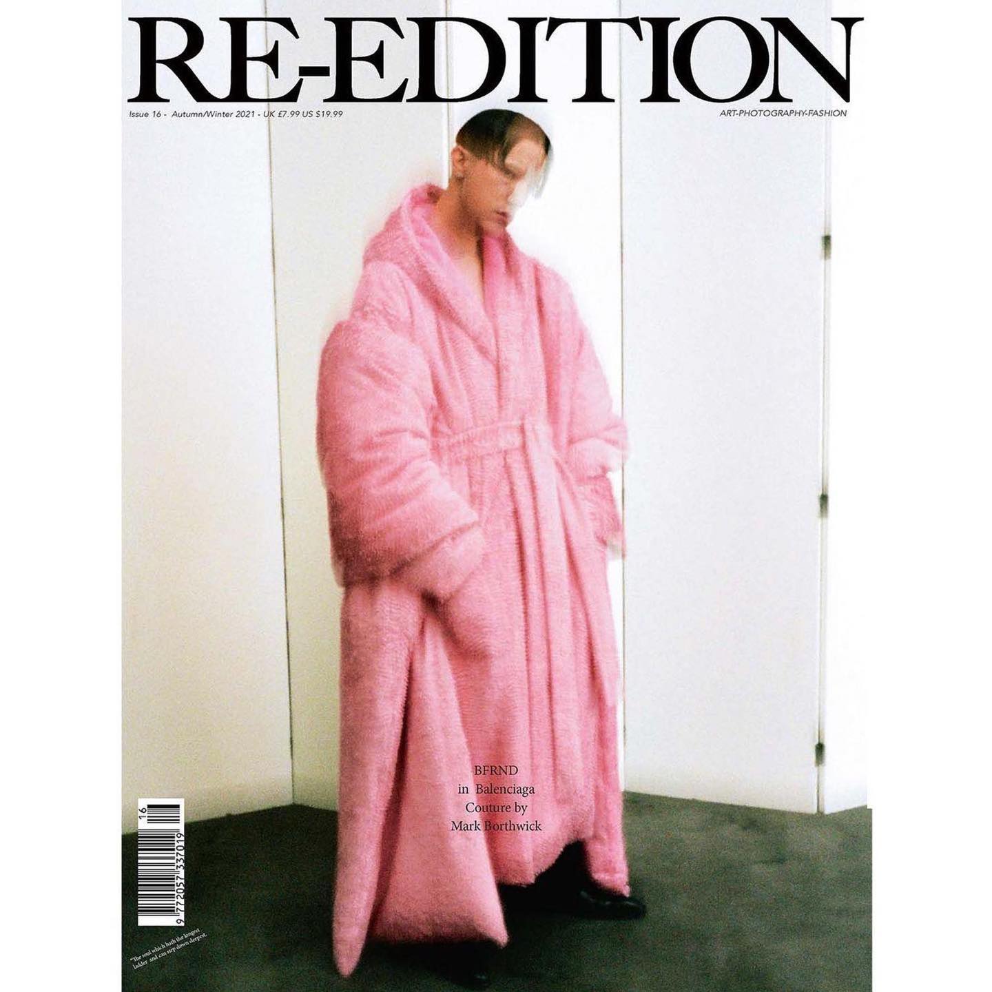 BFRND (@bfrndbfrnd ) on the cover of Re-Edition Magazine wearing Balenciaga Couture Fall21 by Demna Gvasalia, photographed by Mark Borthwick.