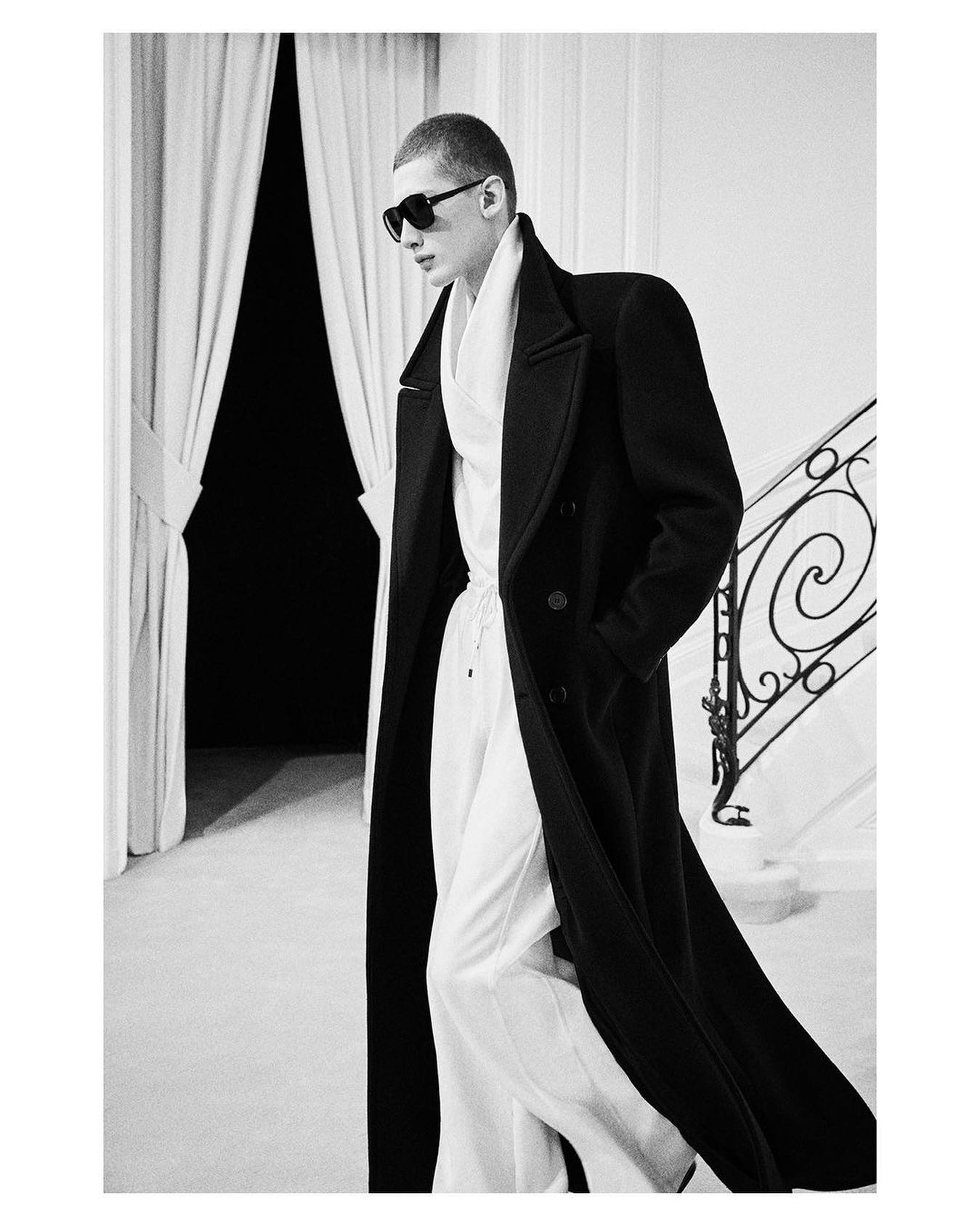 Lucas T (@fanta.nyl ) Look 20 for Saint Laurent FW23. Photography by Rory Van Milligen, styling by Paul Sinclaire, hair by Duffy, casting by Samuel Ellis for DM Casting.