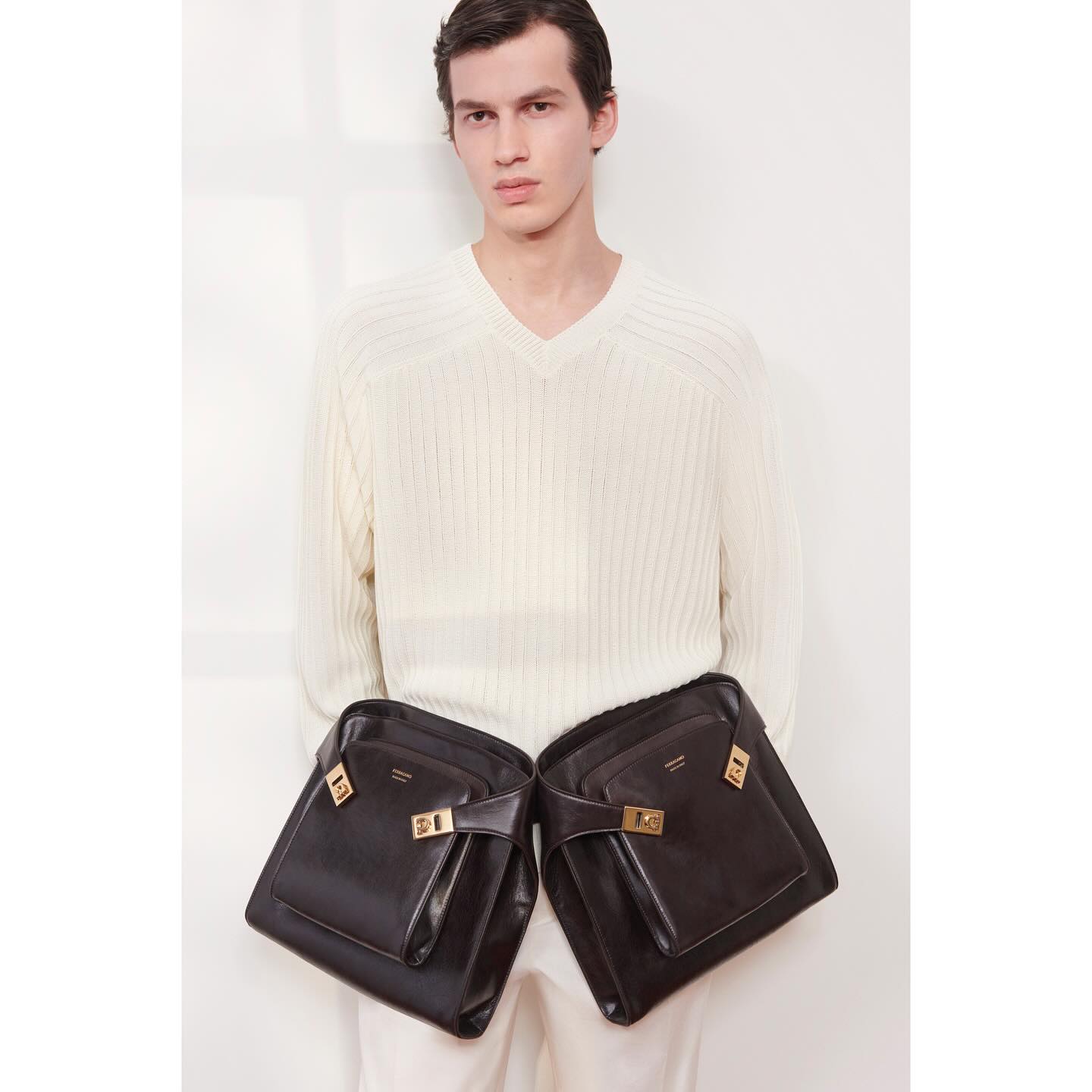 Kaplan (@kapo.h ) for Salvatore Ferragamo PF26. Photography by Robert Wiley, creative direction and styling by Maximilian Davis, casting by Mischa Notcutt.
